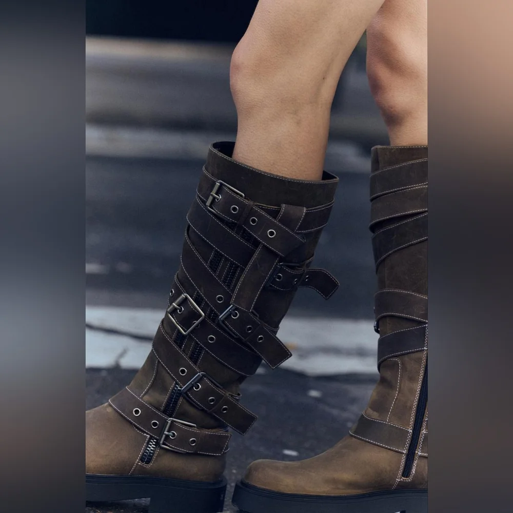 RARE ZARA BUCKLED LEATHER KNEE HIGH BOOTS NWT